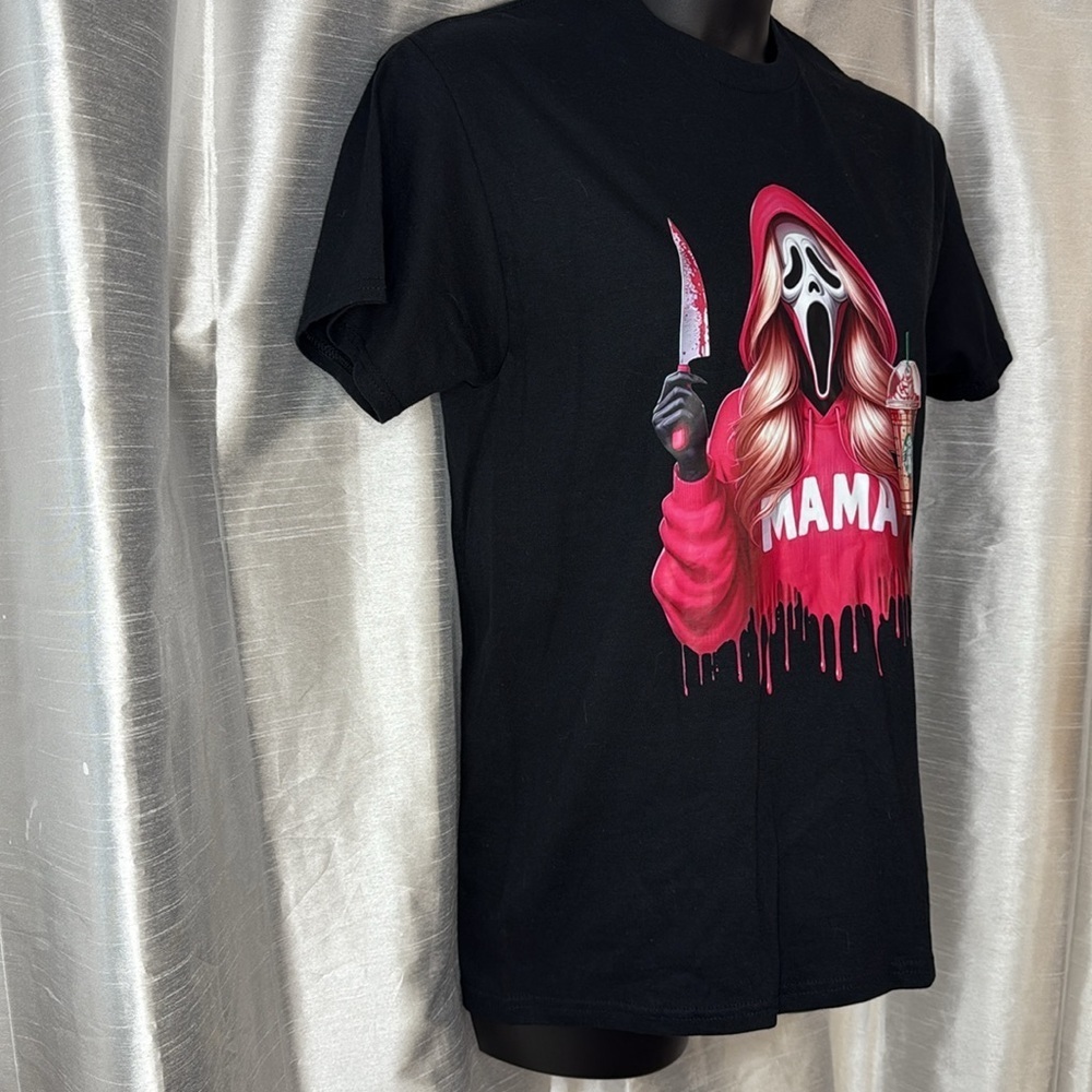 Ghost Face Mama Drinking Coffee Halloween Black T Blonde Women’s M Gildan - Picture 4 of 8
